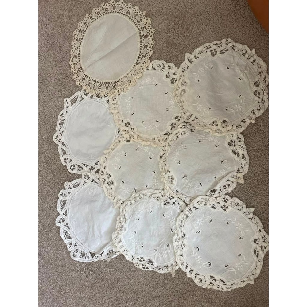 Vintage Round Lace Linen Doilies Lot 9pc White Cream cottagecore grandmacore